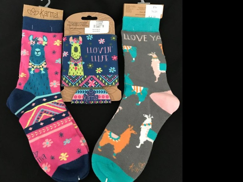 Two Pairs of Ladies Socks & Koozie - Llama Fun