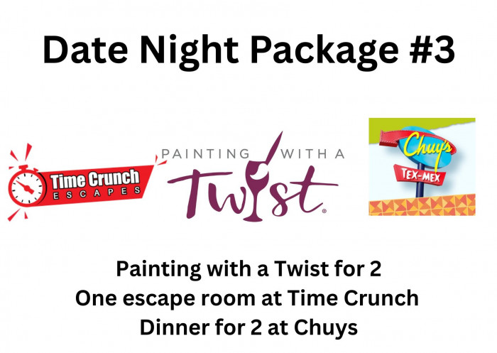 Painting with a Twist gift certificate for 2, 1 Escape room at Time Crunch, a dinner for 2 at Chuys.
