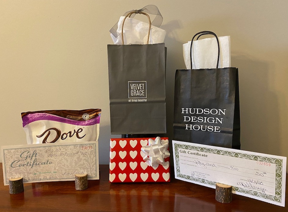 Gift cards for 5 unique shops in downtown Oswego...Bella-Gia ($50), Marmalade Tree ($50), Floral Expressions & Gifts ($50), Hudson Design House ($50), Velvet Grace ($50).