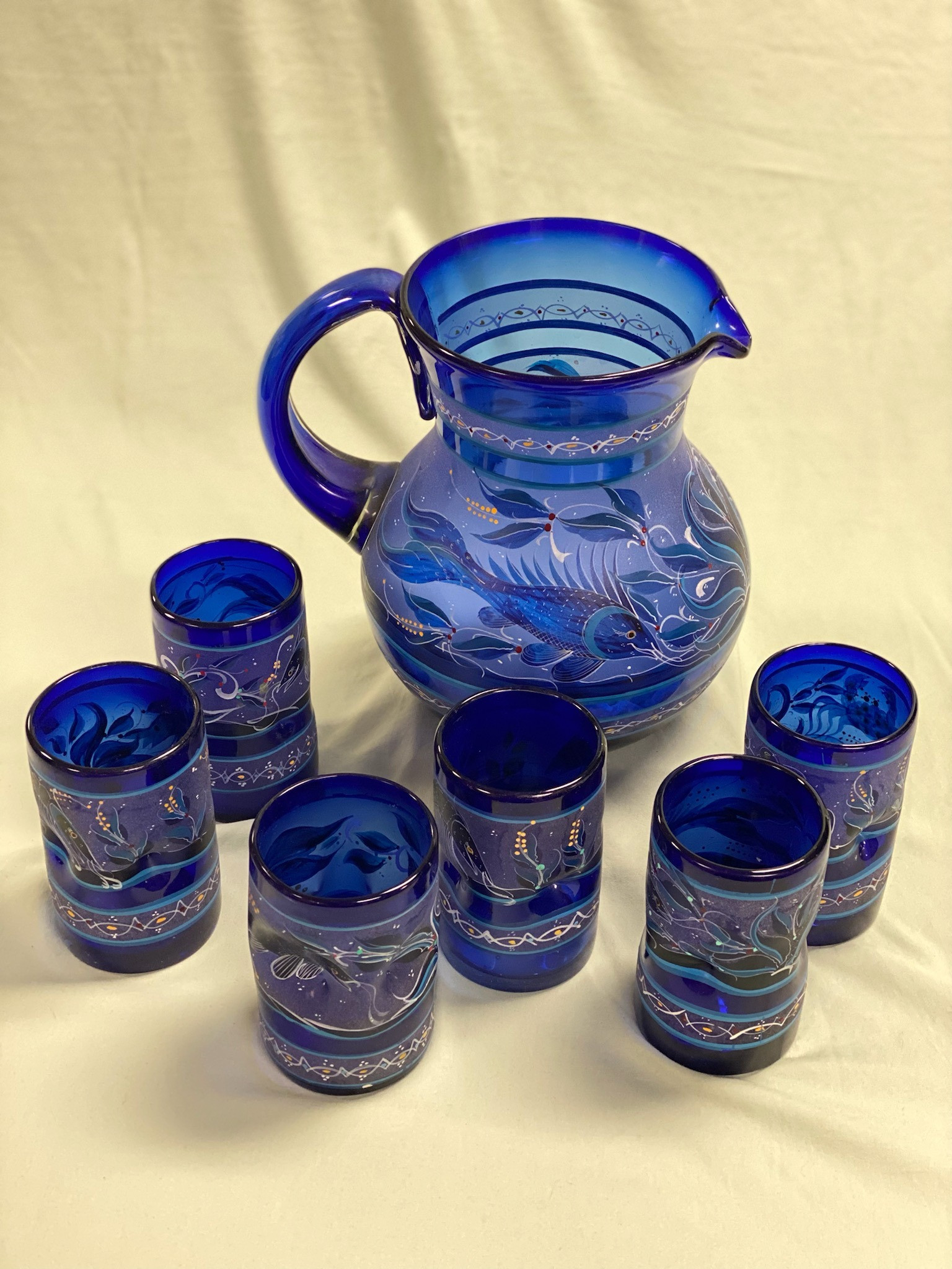 Cobalt Blue Pitcher & Tumblers; makings for Basil Lemonade