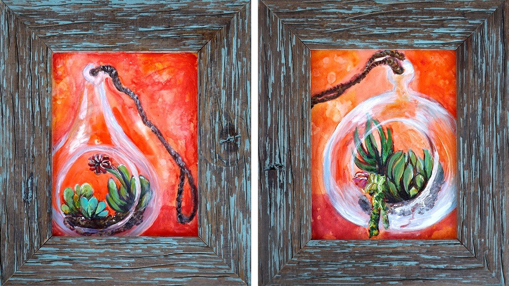 3" x 16" set of 2 framed acrylic paintings