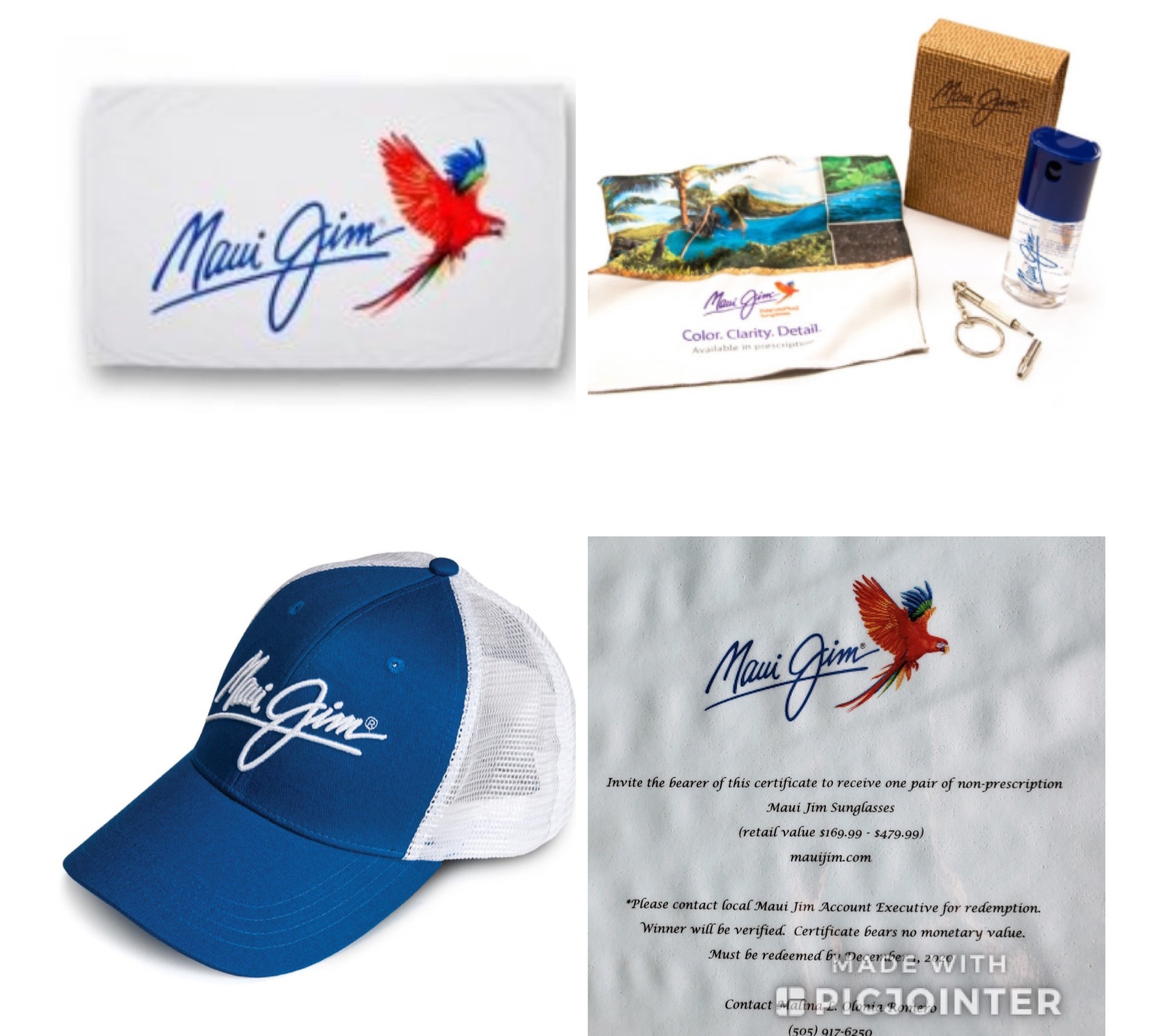non-prescription  Maui Jim Sunglasses, beach towel, water bottle, baseball cap, can koozie, and eye glasses cleaning kit.