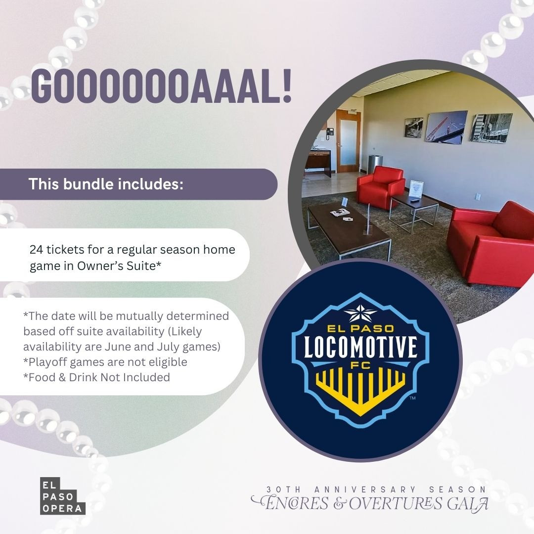 El Paso Owners Locomotive Suite; Check out El Paso’s Professional Soccer team, and host your next party at Southwest University Park! Package includes: *24 tickets for a regular season home game in Owner’s Suite.   *The date will be mutually determined based off suite availability (Likely availability are June and July games)  *Playoff games are not eligible.  *Food & Drink Not Included