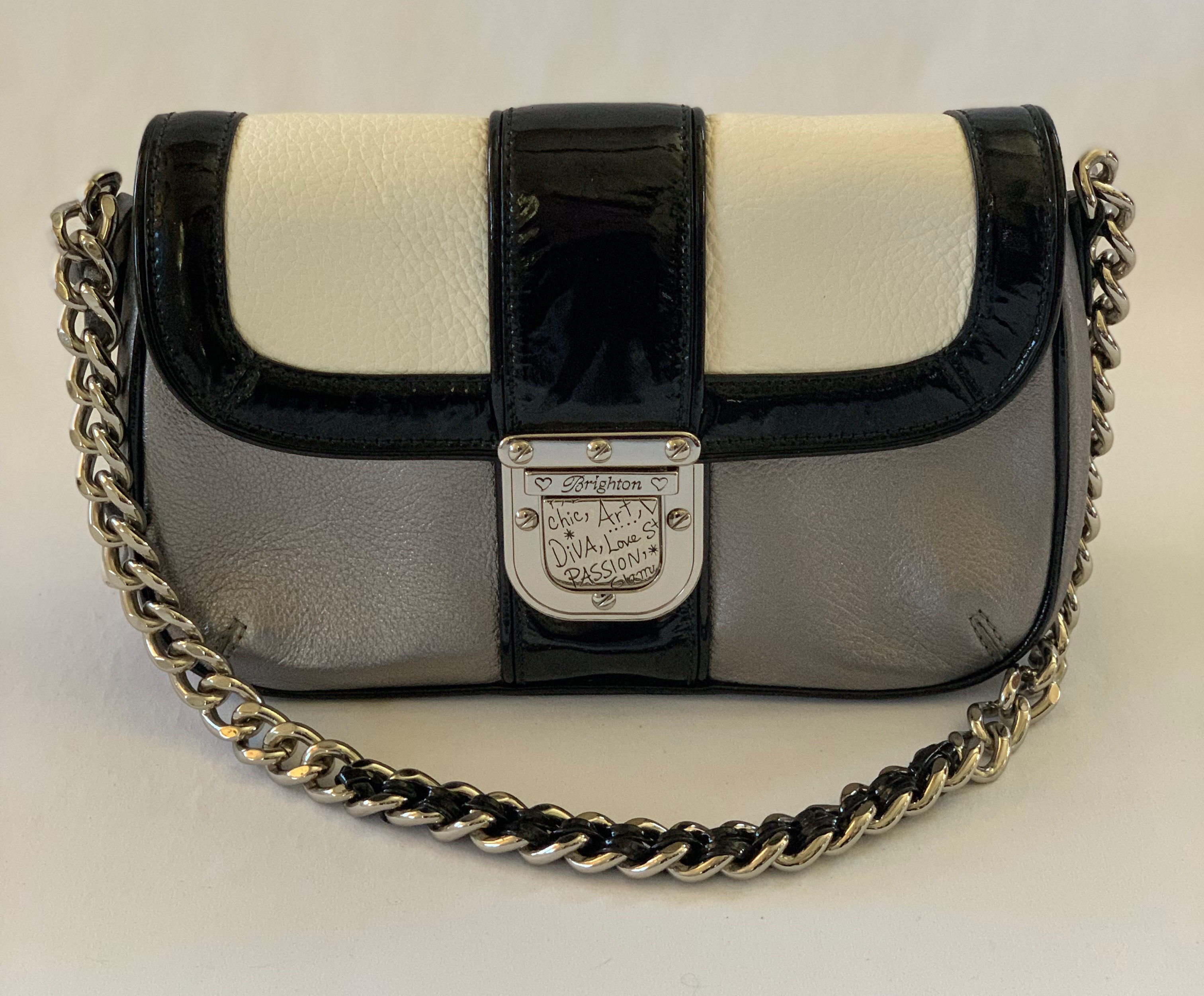 Silver/black/white patent leather shoulder bag. Chain shoulder strap. Like new.