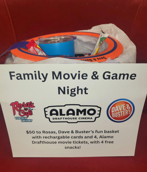 A Dave and Buster's gift basket with some cool items, such as a tumbler, a few toys, candy and 2, $20 reloadable cards. This bundle also comes with 4 movie tickets and 4 free snacks to Alamo Drafthouse, and $50 to Rosa's Cafe. This is everything you need to have ALL the fun!!