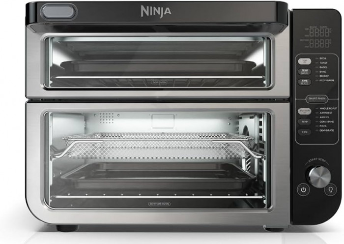 FLEXDOOR™: Creates two separate ovens. Access just the top for quick meals and snacks, or open the full door so you can cook 2 meals, 2 ways on the top and bottom.
• FLAVORSEAL TECHNOLOGY: Two ovens prevents smells from crossing between ovens, so flavors stay separate
• SMART FINISH™ with DualZone™ Technology: Sync both independent ovens to cook 2 meals, 2 different ways that finish at the same time.
• PRO COOK SYSTEM: Achieve the perfect doneness from rare to well done at the touch of a button with the integrated Pro Cook System with Auto Temp Detect Intelligence —no guesswork required.
• 12-IN-1 FUNCTIONALITY: Includes 12 versatile cooking programs: Bake, Broil, Reheat, Keep Warm, Toast, Bagel, Air Fry, Convection Bake, Pizza, Air Roast, Whole Roast, and Dehydrate
• XL FAMILY-SIZED CAPACITY: Fits up to 6 lbs of wings, 6 salmon filets, a 4.5-pound chicken, family size sheet pan meals, and up to 6 slices of bread.