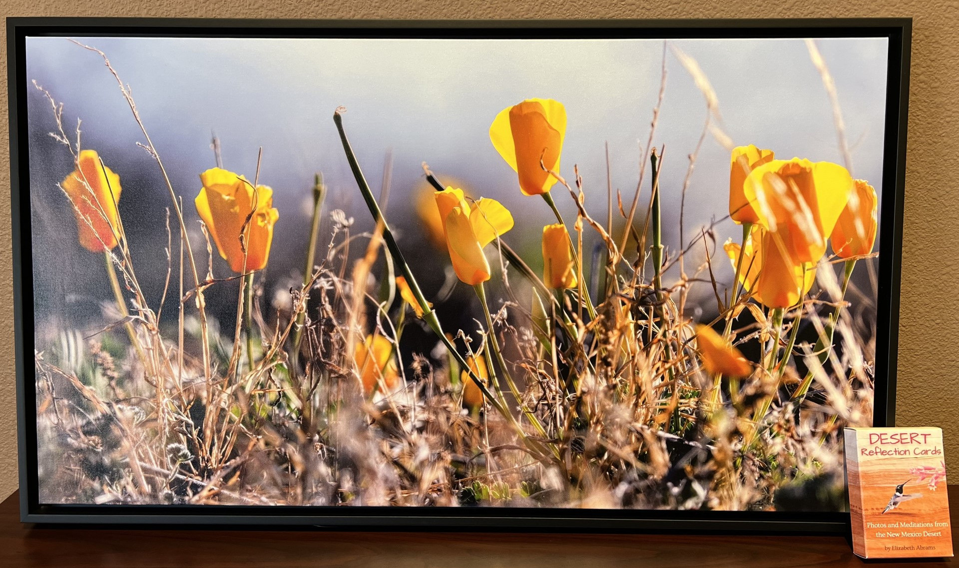 36x20 framed premium canvas photo print. Photograph of Poppies in bloom in the Organ Mountains - Desert Peaks National Monument and Desert Reflection Cards.