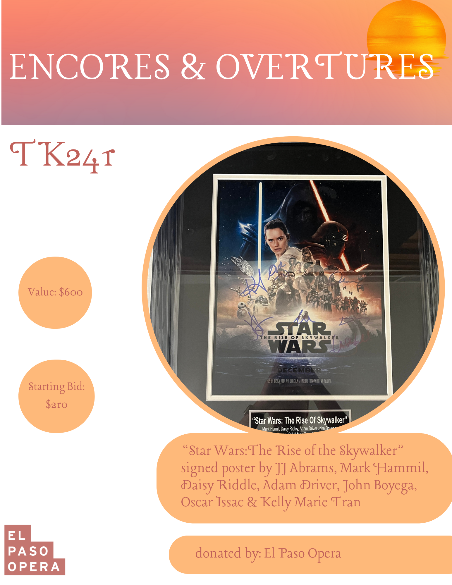 Star Wars:The Rise of the Skywalker signed poster by JJ Abrams, Mark Hammil, Daisy Riddle, Adam Driver, John Boyega, Oscar Issac & Kelly Marie Tran