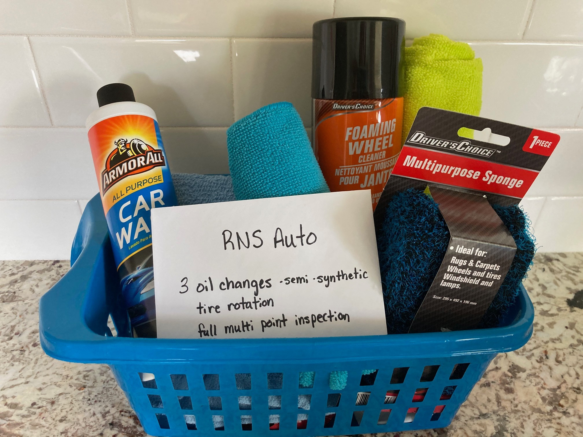 3 oil changes (semi-synthetic), tire rotations, and full multi-point inspections. 2 microfiber cleaning cloths, multipurpose sponge for wheels, tires, or windshields, one small towel, car wash, foaming wheel cleaner.    visit rnsautoservices.com