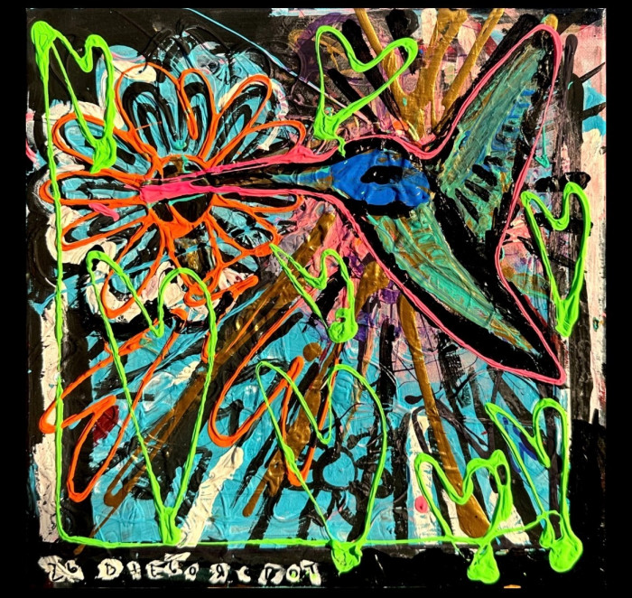 12"x12" Uv reactive. Original artwork by local artist Diego Robot. Signed and dated March 2026 by the amazing local talent!