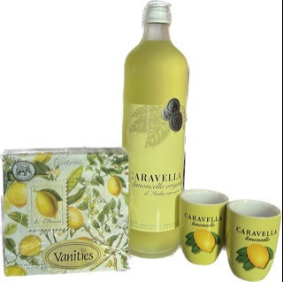 Bottle of  Limoncello with two matching Sipping Glasses and Napkins