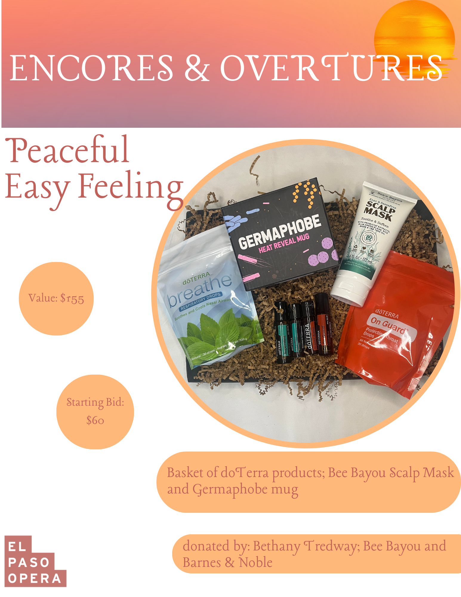 Basket of doTerra items, Bea's Bayou Scalp Mask and Germaphobe mug