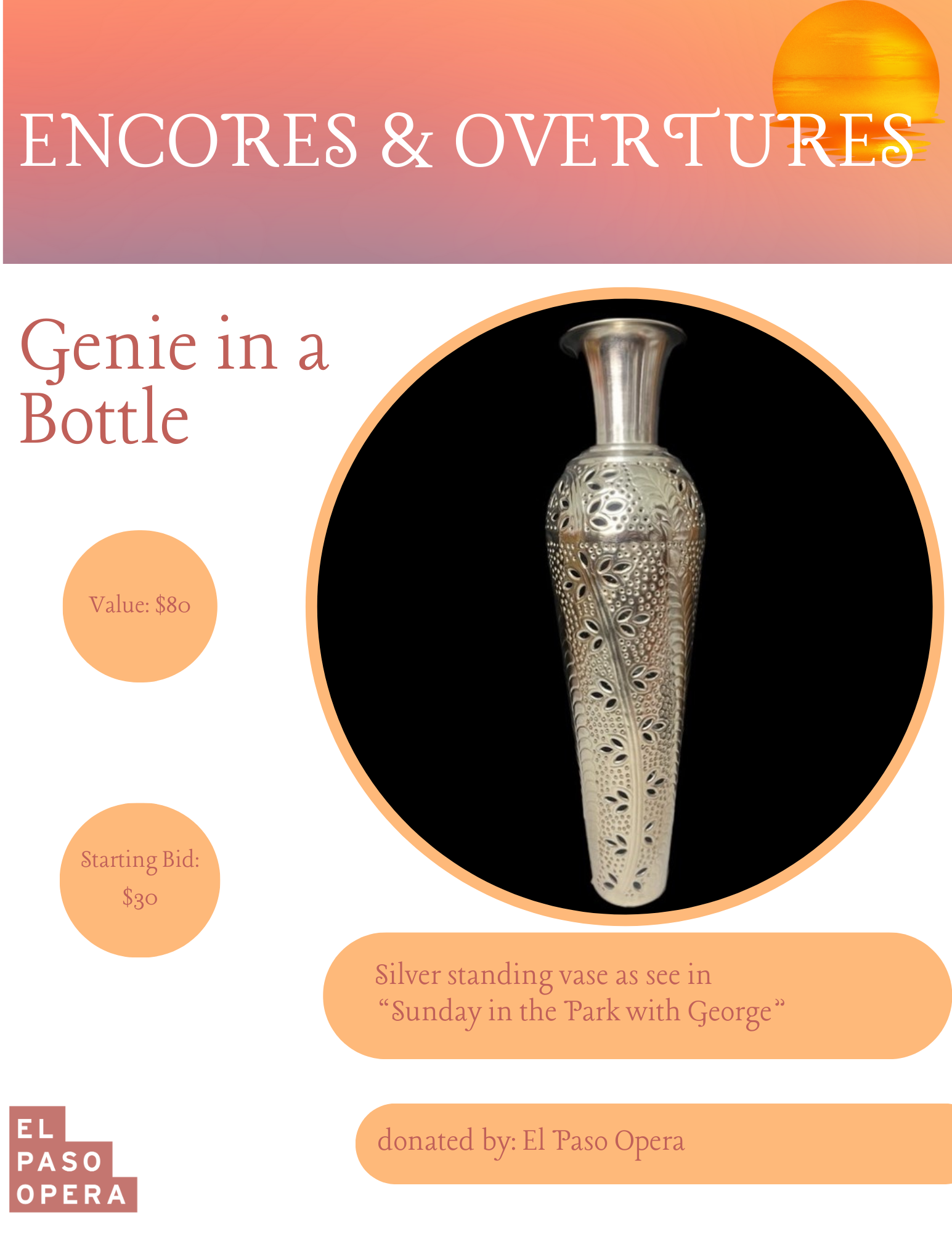 Tall silver standing vase as seen in "Sunday in the Park with George"