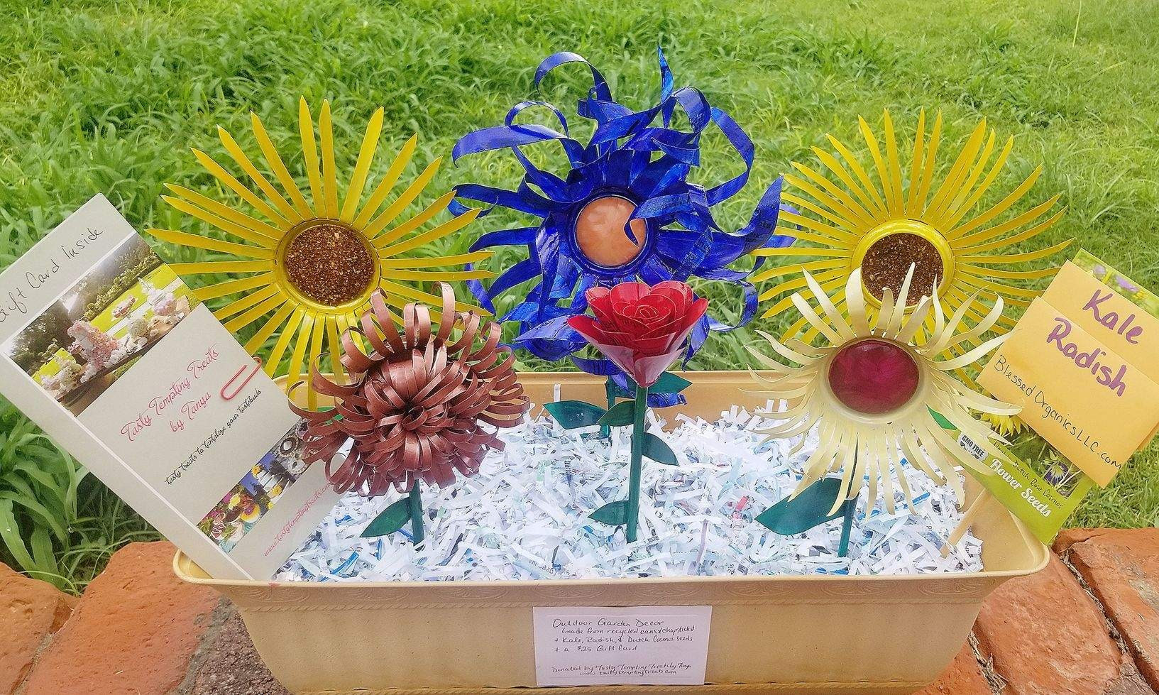 ECO Art Challenge Participant- Local artist, Tanya von Mittenwald, stepped up to the GHP challenge of creating a work from recycled materials strictly for this event. Not only did she knock it out of the park with her flower scu;pture, but she also included seed packs & a $25 gift card in her bundle for auction!