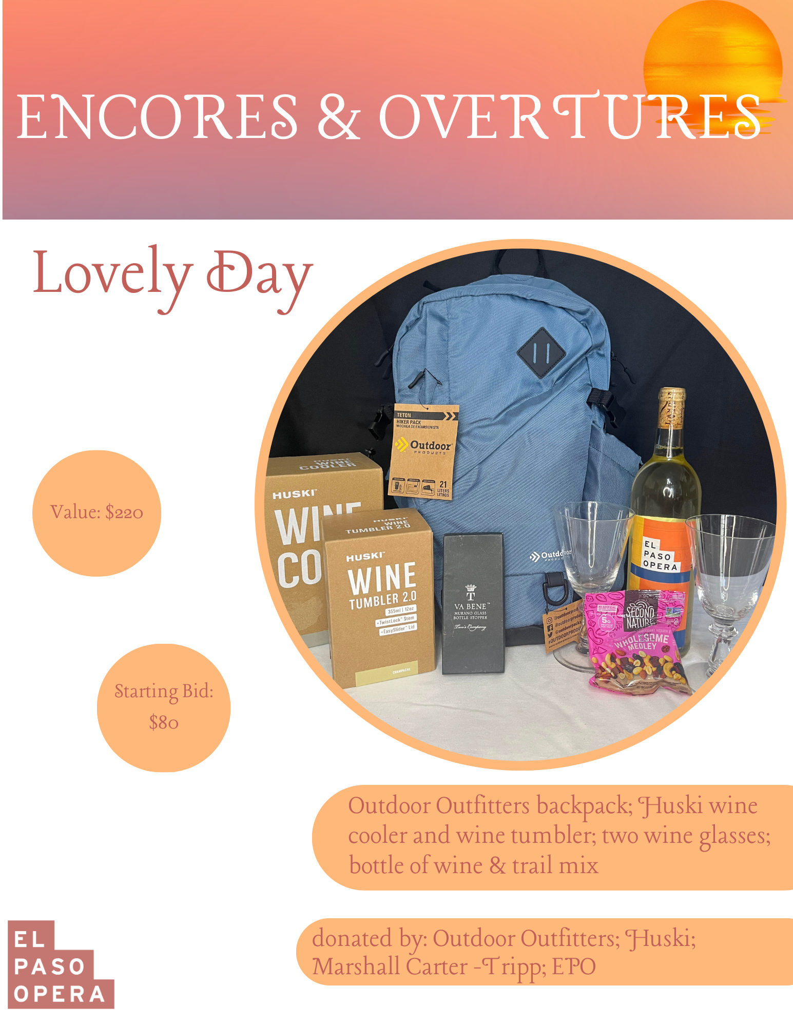 Hiking backpack, two wine glasses, Huski wine chiller &wine tumbler, bottle of Rosé, wine stopper and trail mix