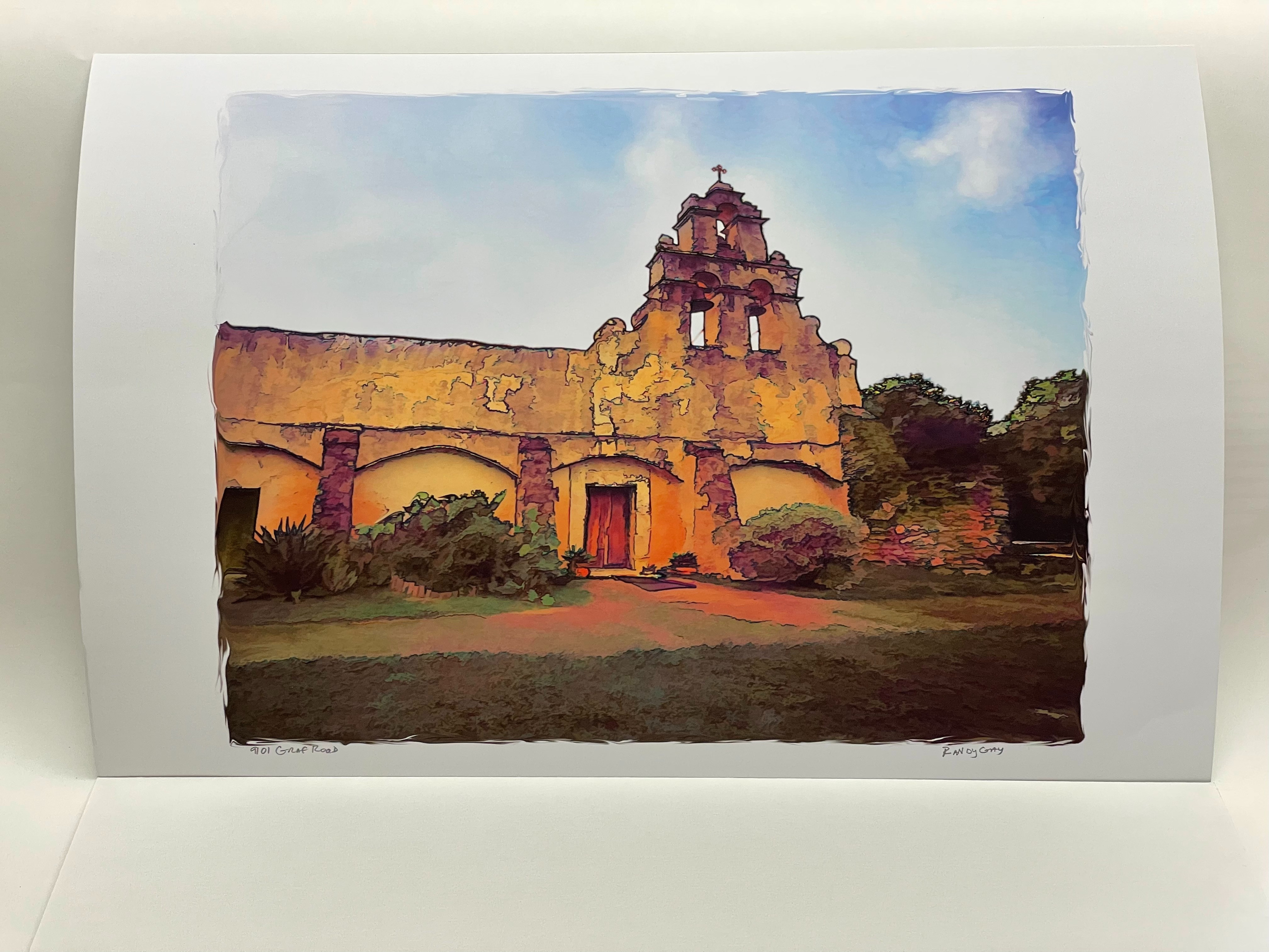 Enjoy this beautifully framed Randy Gay digitally hand-painted image depicting one of the oldest active missions in Texas. Bid on the other three items like this to own a set of four.