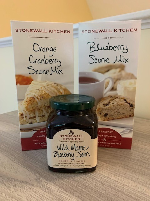 Stonewall Kitchen Scone and Jam Gift Set - Includes 1 - 12.5 oz jar of Wild Maine Blueberry Jam, gluten free and made from real wild Maine blueberries; 1 - 12.9 oz Blueberry Scone Mix. Makes approx. 8 scones; 1 12.9 oz Orange Cranberry Scone Mix, with Orange Glaze Mix. Makes approx. 8 scones