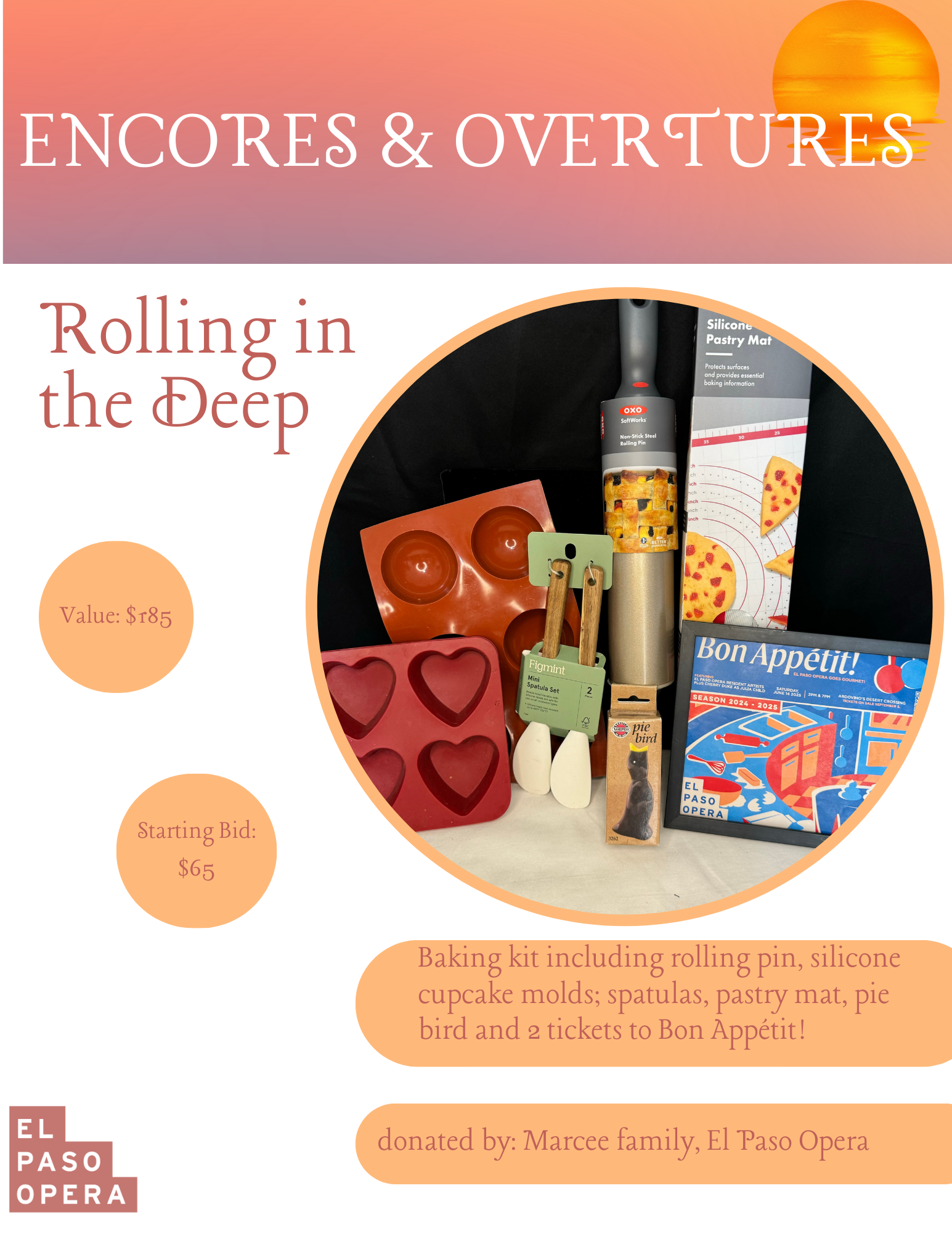 Baking kit including rolling pin, silicone cupcake molds; spatulas, pastry mat, pie bird and 2 tickets to Bon Appétit!