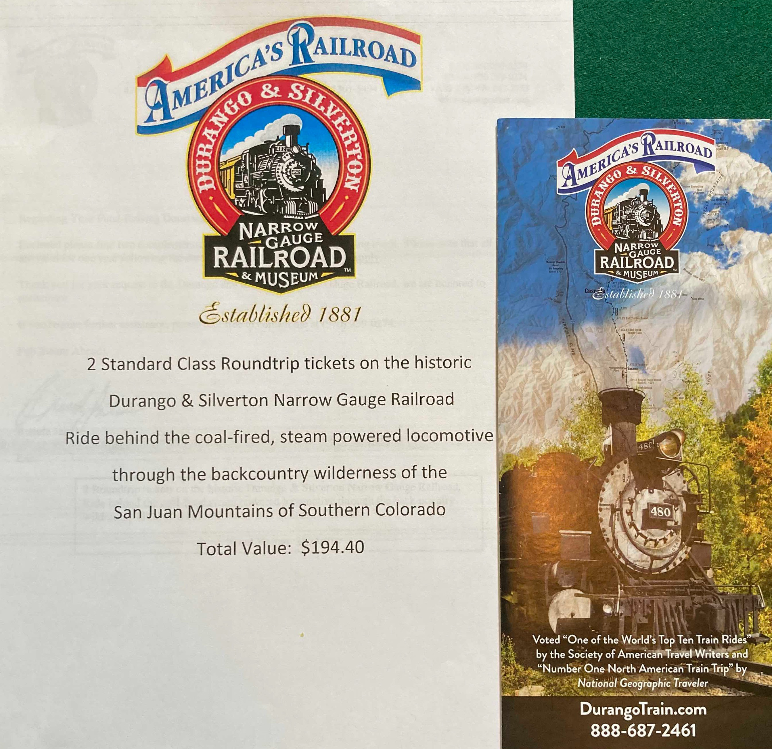 2 round trip tickets on the Durango - Silverton railway in Durango Colorado