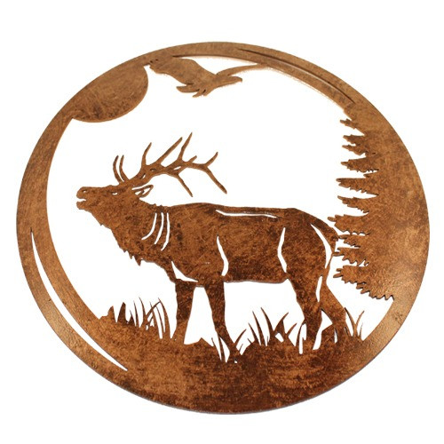 Elk 16" Ring Wall Art - Made from 14-gauge carbon steel. 16" across and has a hammered bronze finish. This laser cut design includes a loop on the back for hanging.