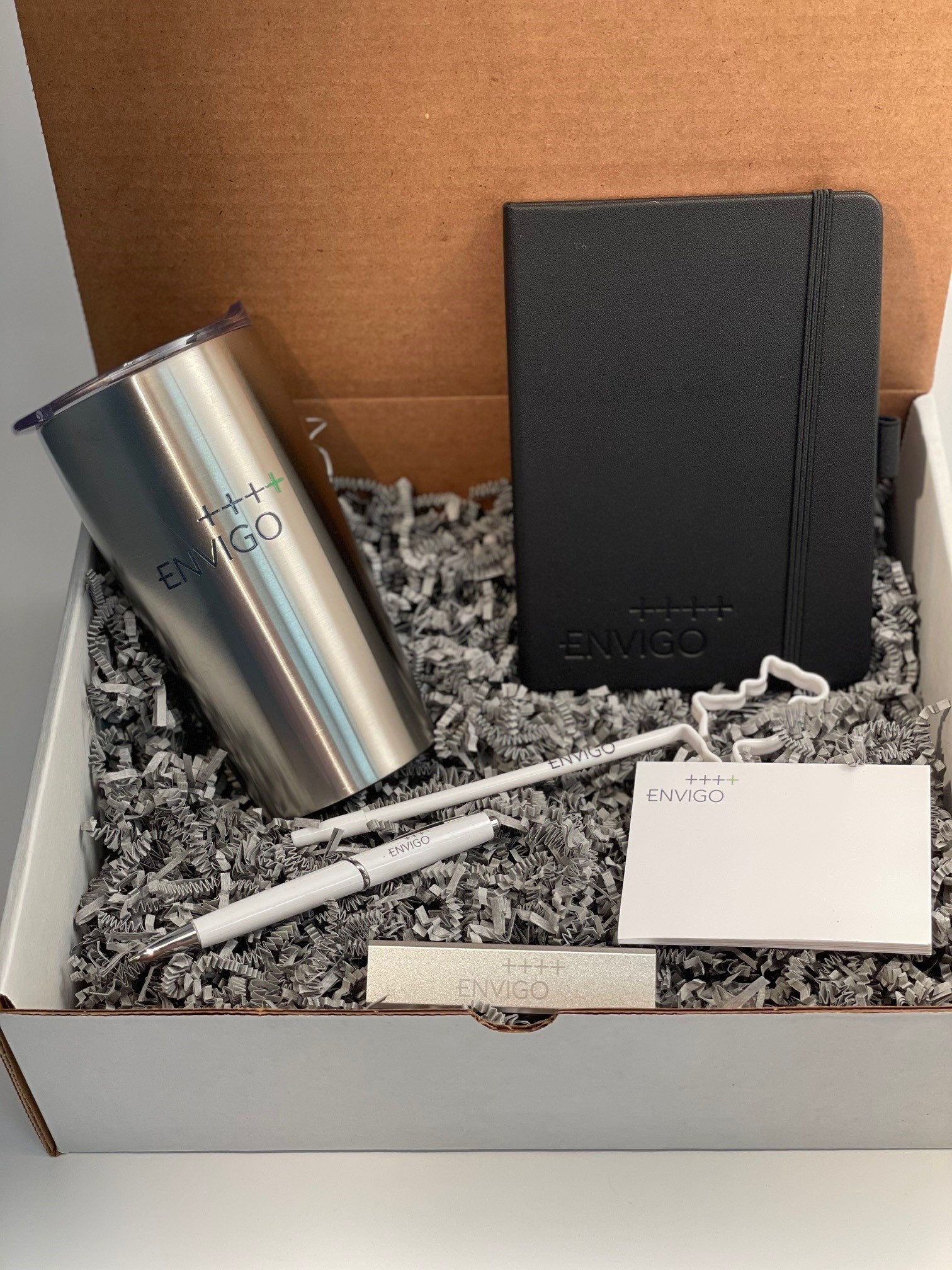 Envigo SWAG - Includes $50 digital Amazon Gift Card, aluminum tumbler, metal straws, black notebook, two post-it pads, two standard pens, two mouse pens, one power bank, one thermal white cup and one USB Drive