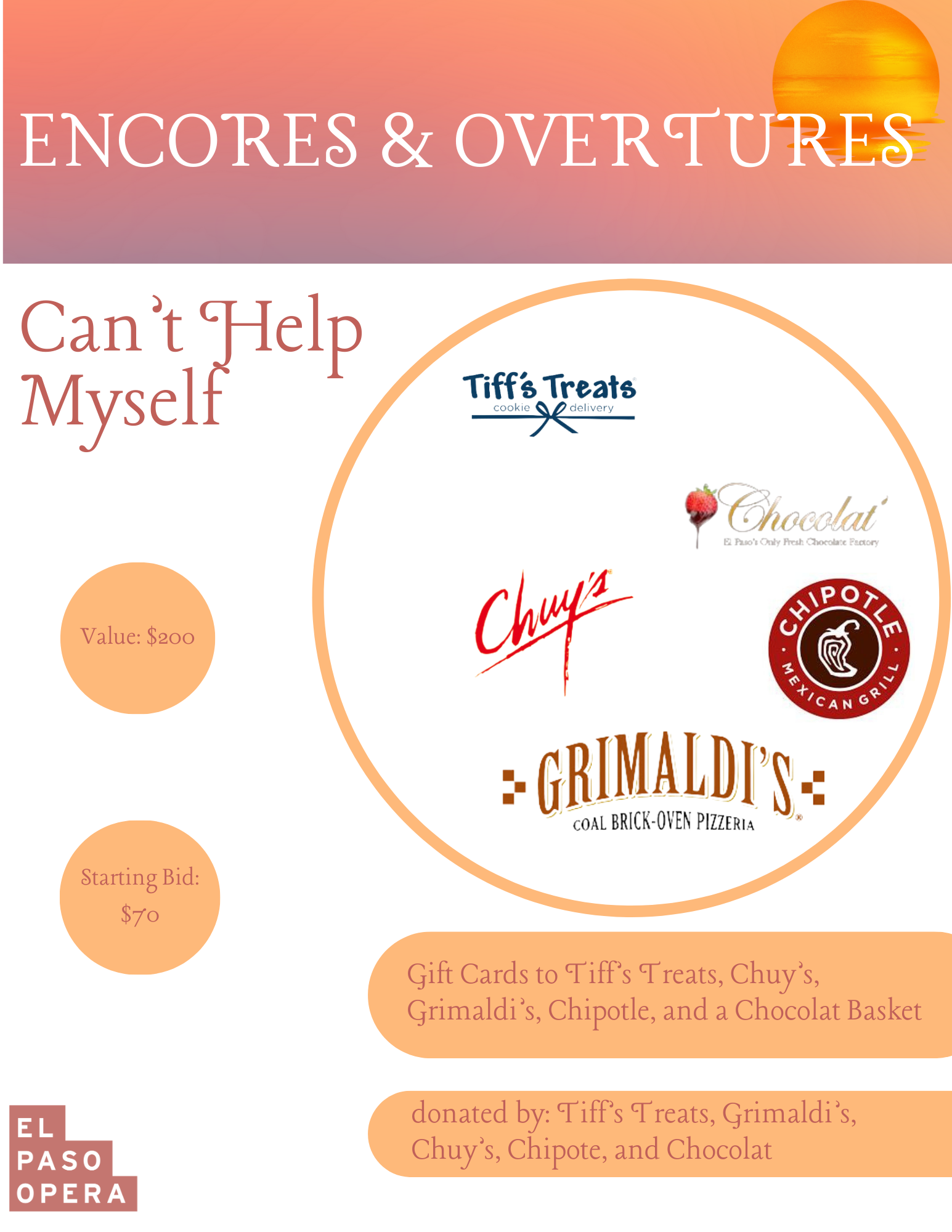 Gift Cards to Fountain restaurants Chuy's, Grimaldi's Pizza, Chipotle, & Tiff's Treats plus basket of goodies from Chocolat