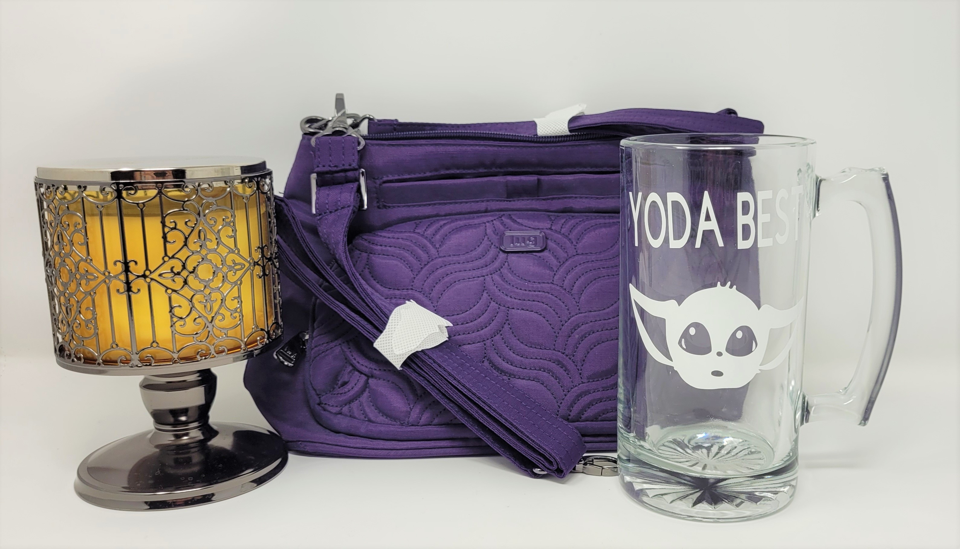 Purple Purse, Candle with Stand & Baby Yoda Mug