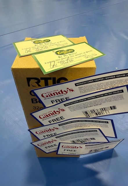 Insulated cup, gandys gift cards, and 2 teddy jack gift cards