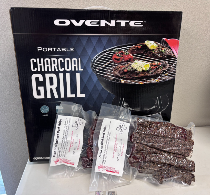 Portable charcoal grill, and beef jerky
