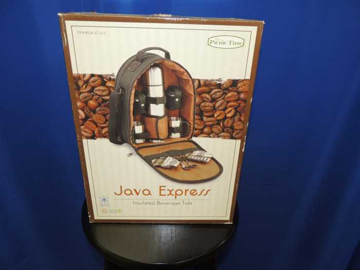 Insulated tote with deluxe hot beverage service for two features durable polyester canvas construction in black with chocolate brown accents Includes stainless steel mugs, containers for cream and sugar, teaspoons, and vacuum flask, plus heavy woven cotton napkins. This item has pockets on the front and the back to store your favorite treats. This is perfect for game day or chilly weather outings.