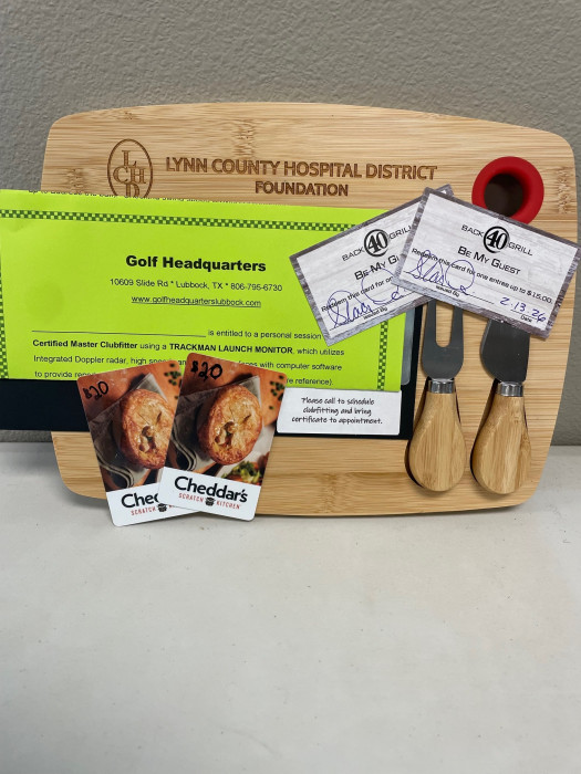 Golf Headquarters gift certificate for personal session with certified master club fitter, 2 $20 gift cards to Cheddars, 2 $15 gift cards for Back 40 Grill