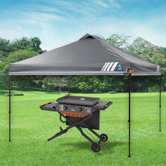 This ultimate outdoor entertainment duo pairs an effortless, 100-square-foot pop-up canopy with a heavy-duty, high-capacity charcoal grill to create the perfect instantly shaded cooking station anywhere you go.