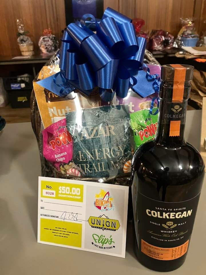 $50 gift certificate to your choice of Bikini Joe's, Union Drafthouse or Flip's Neighborhood Bar. Includes a gourmet snack basket from Mount Franklin Foods and  a bottle of Santa Fe's Colkegan Single Malt Whiskey donated by Mano Wine & Spirits.