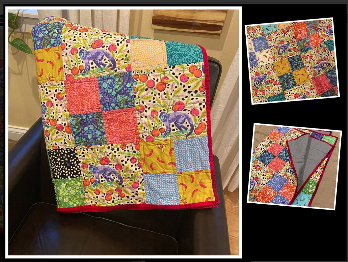 "Monkey Business" Lap Size Quilt - 38" x 55". This cotton throw quilt offers mischievous macaques and other fun creatures pieced together in brightly colored fabrics with a gray backing. Machine wash on gentle cycle and dry  on flat rack or line.