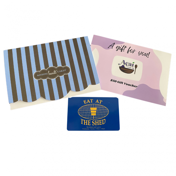 Gift cards to The Shed, Acai with Me, and Nothing Bundt Cakes