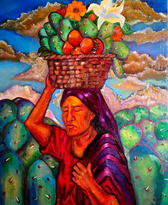 This oil painting print reflects the sacred intersection of labor and love. With closed eyes, the woman embodies quiet endurance, carrying both fruit and ancestral history. The prickly pear behind her symbolizes resilience—thriving in hardship, protected by thorns, yet bearing sweetness.