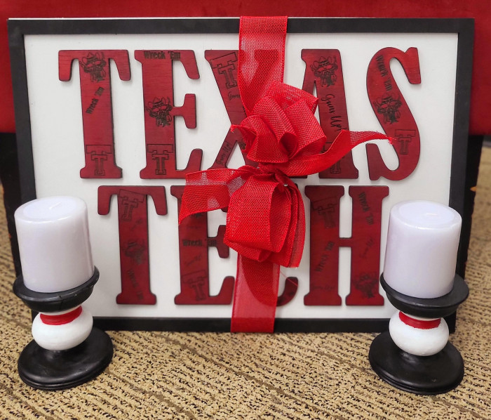 2 hand painted candle holders from Freda Jeffcoat, along with a cute Texas Tech sign from Interim.