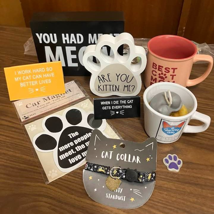 Includes three gift certificates for your drink of choice at Sun City Kitty cafe, David Bowie themed cat collar, cat-in-a-mug candle made by El Paso’s Wick'd Repour candles, cat toy, “Best Cat Mom Ever” mug and cat-themed wall and car decor.