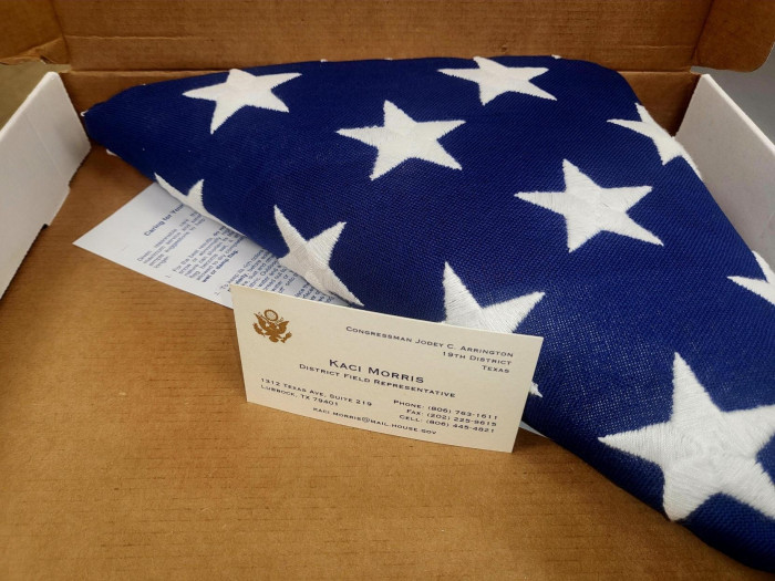 A flag flown by US Representative, Jody Arrington. The certificate can be personalized to the person who wins the flag.