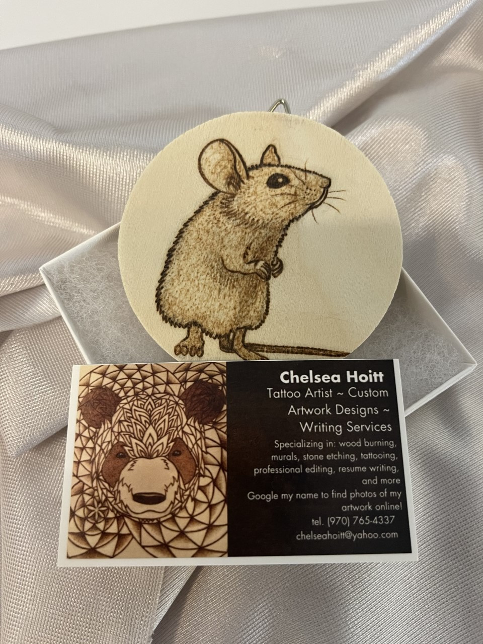 Wooden Hand-Etched Mouse Ornament; Artist: Chelsea Hoitt; 3" x 3"