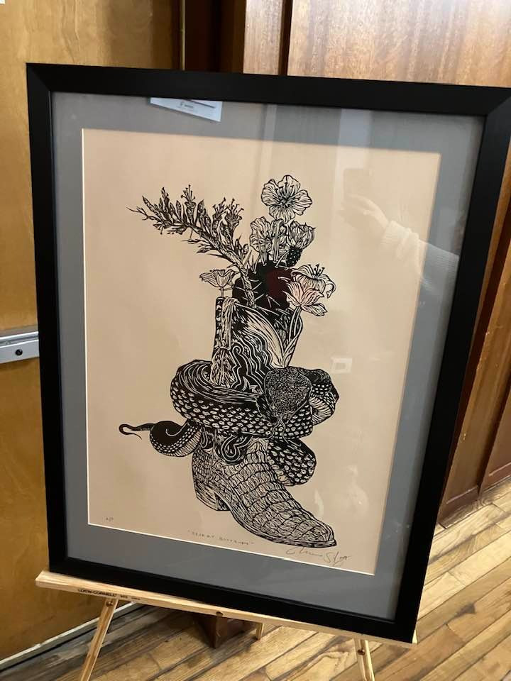 "Desert Bootquet"  Linocut, editioned as an Artist Proof,  2019 and framed 30.25"x23.25' Frame donated by Art Center & Signs