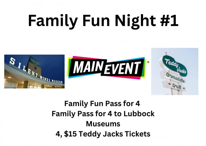 A Family Fun Pass that includes wrist bracelets, bowling, bowling shoes and pizza; Along with a Family Pass for 4 to Lubbock Museums and 4, $15 cards to Teddy Jacks.
