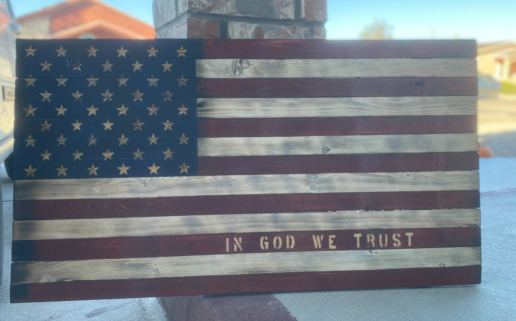 36”x19” wooden, handmade and hand carved waterproof wooden flag