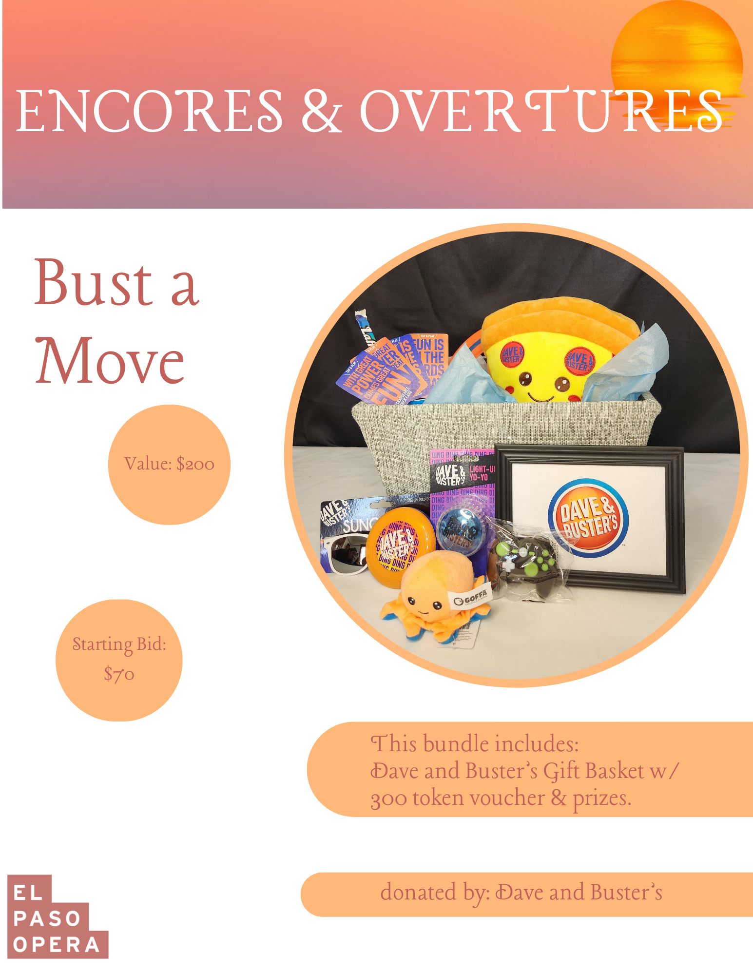 Dave & Buster's Gift Basket w/  300 token voucher & prizes.
