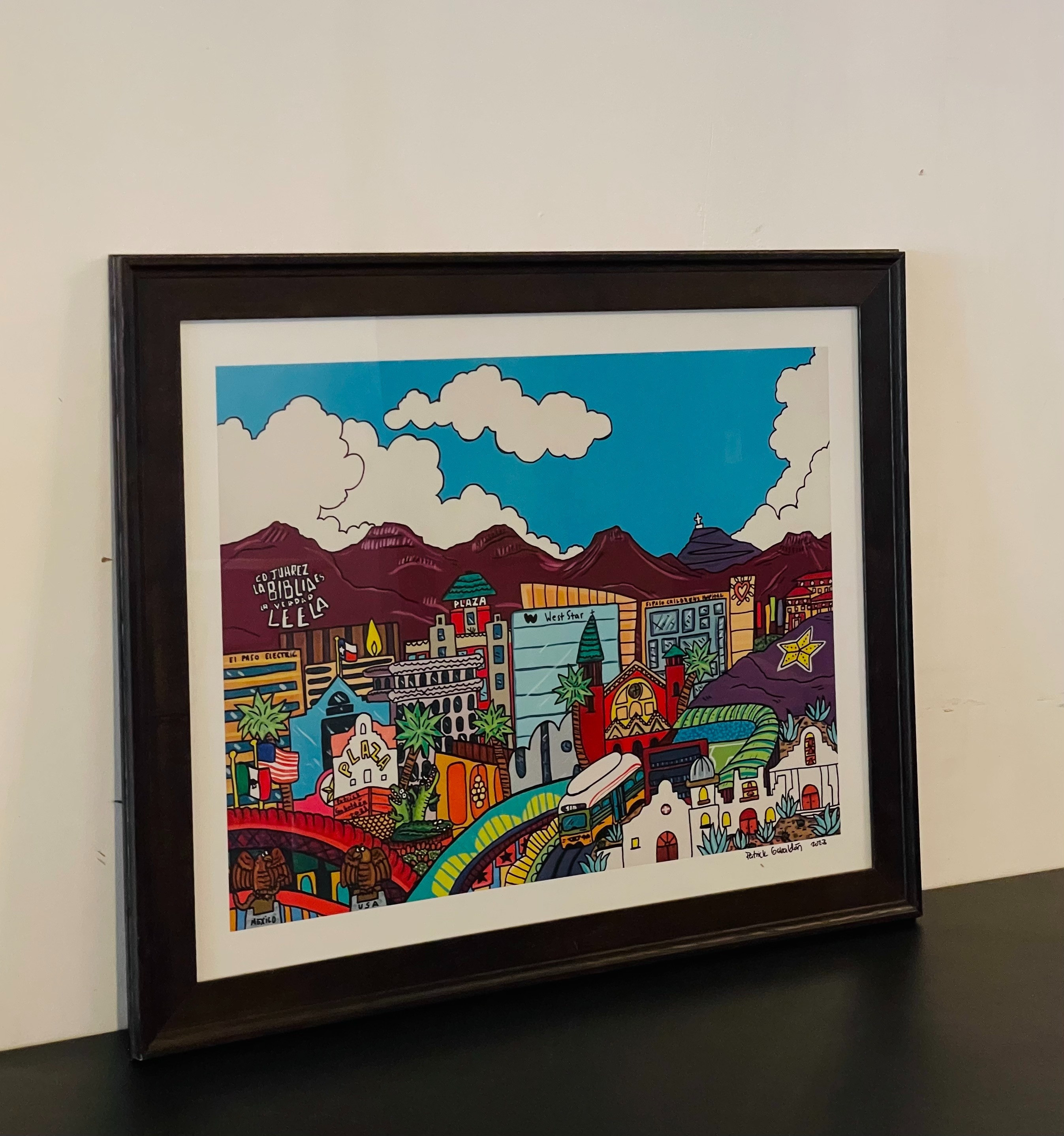 Perfect for your office or home. Enjoy this colorful Patrick Gabaldon print depicting the beautiful El Paso skylines and mountains of the borderland.