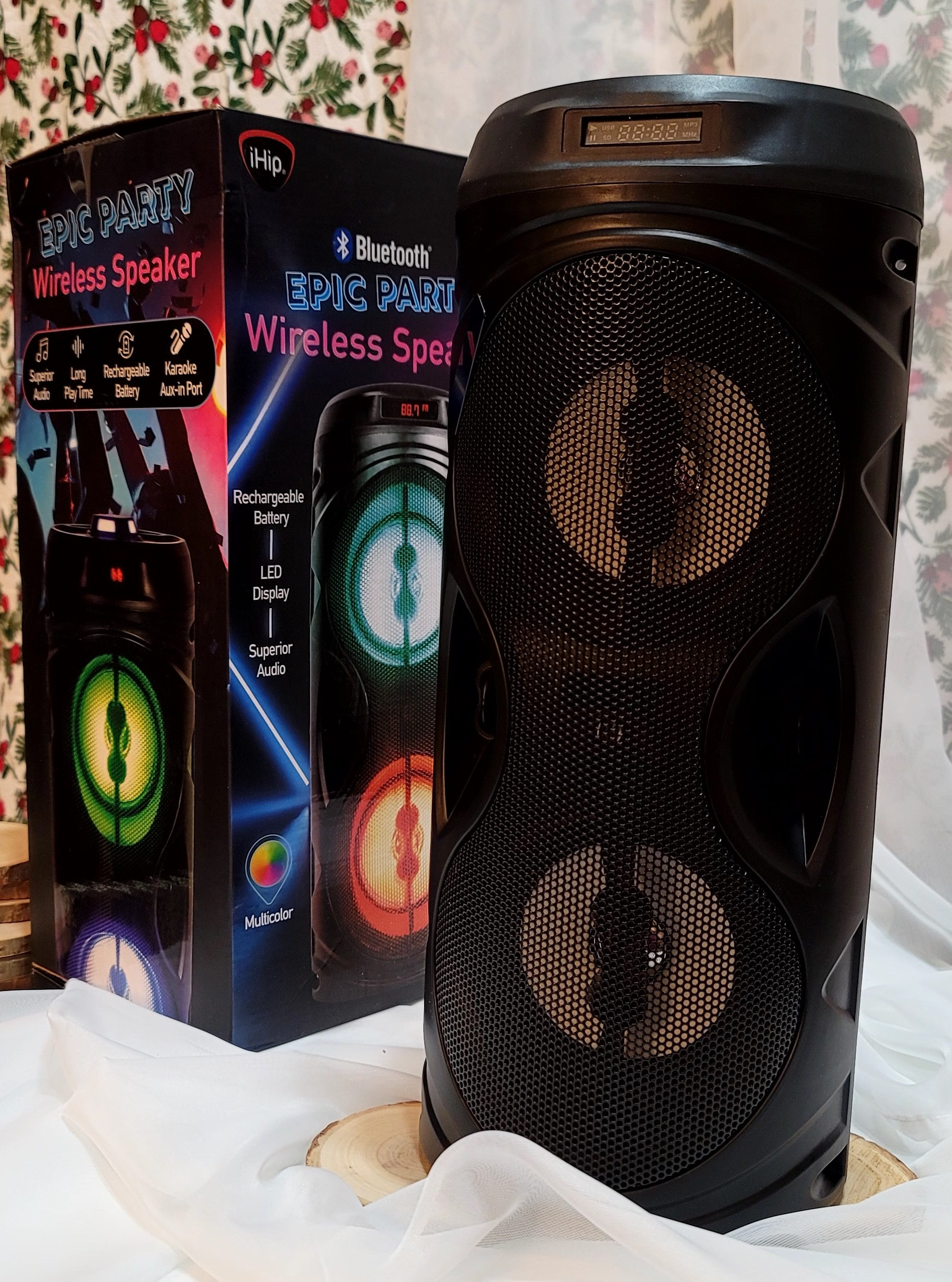 iHip Brand Wireless Bluetooth Party-Size Speaker. New in Box! Bring your party to life with bluetooth Streaming, USB, Aux-in for Karaoke, FM Radio & Multicolor lighting! Dimensions: Standing Cylinder; 15.75" x 6.5" x 6.5". Specs: Battery Capacity: 1200mAh. Output Power: 10 Watts. Speakers: Two 4" Woofer. "Rechargeable Battery, Karaoke Aux-In Port, Portable FM Radio, LED Display; Superior Audio; Long Play Time." | View more images of this item at: https://drive.google.com/drive/folders/17sNBNHLkQgU7rUK4FXSIeKz9xEHiBC_Q?usp=share_link