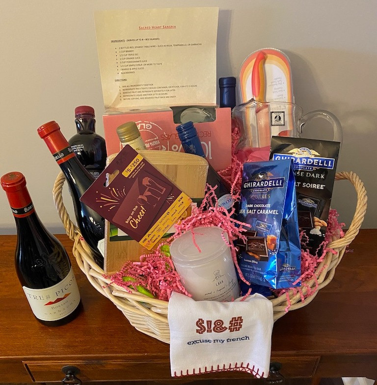 Make your own sangria with the recipe and ingredients included in this amazing basket...brandy, triple sec, wine, gorgeous pitcher with 4 stemless glasses, chocolate and more!! There's even a $25 gift card to Jewel included.