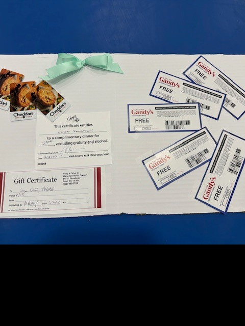 3 $20 gift cards to Cheddars, $40 gift card to Holly's, 5 Gandy's gift cards, Dinner for 2 to Chuy's