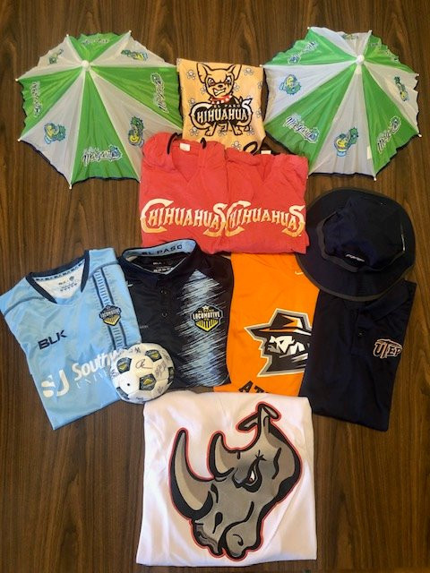 $100 in Domino's Pizza Gift Certificates and Merchandise from your favorite El Paso teams - UTEP Miners, the Rhinos, Locomotives and Chihuahuas. * Locomotives Jersey Size Med, Polo Sm, Mini Soccer Ball with Team Autographs * Miners T-shirt size XL, Golf Polo size Med, Bucket Hat * Chihuahuas bandana, 2 umbrella hats, 2 long sleeve T-shirts with hoods size Med * Rhinos L Jersey