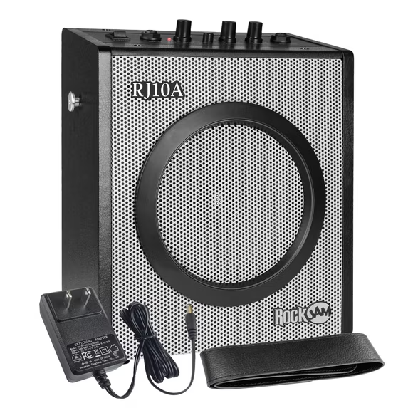 Rock out anywhere with this stylish black-and-silver 10W RMS guitar amplifier, featuring a 1/4" instrument input, tone-shaping treble, gain, and boost controls, a private headphone jack, a sturdy carry handle, and a ready-to-use DC power adapter.